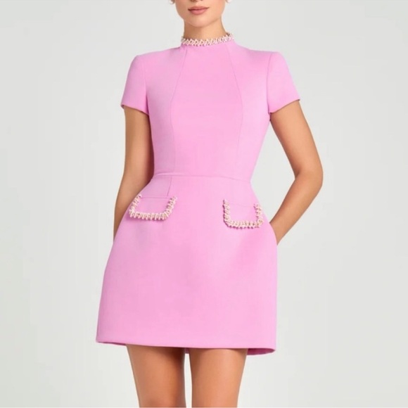 NADINE MERABI Dresses & Skirts - Nadine Merabi Simone Mini Dress with Embellished Trim Funnel Neck Pink Size 6